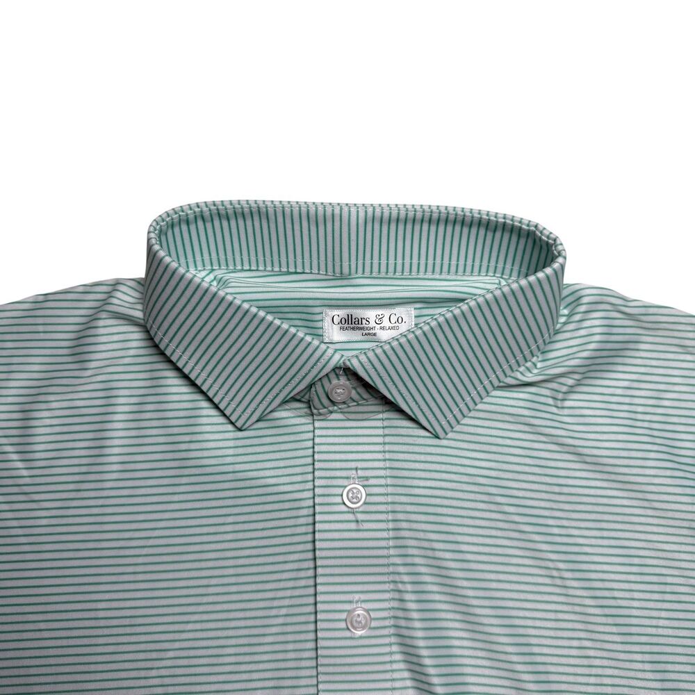 Collars and Co Mens Featherweight Flex Polo Shirt L Green Stripe Relax Fit Golf
